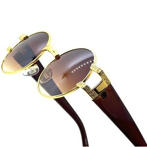 Round Sunglasses Gold Frame Brown Lens Greek Key Accents Men Hip Hop Street Wear